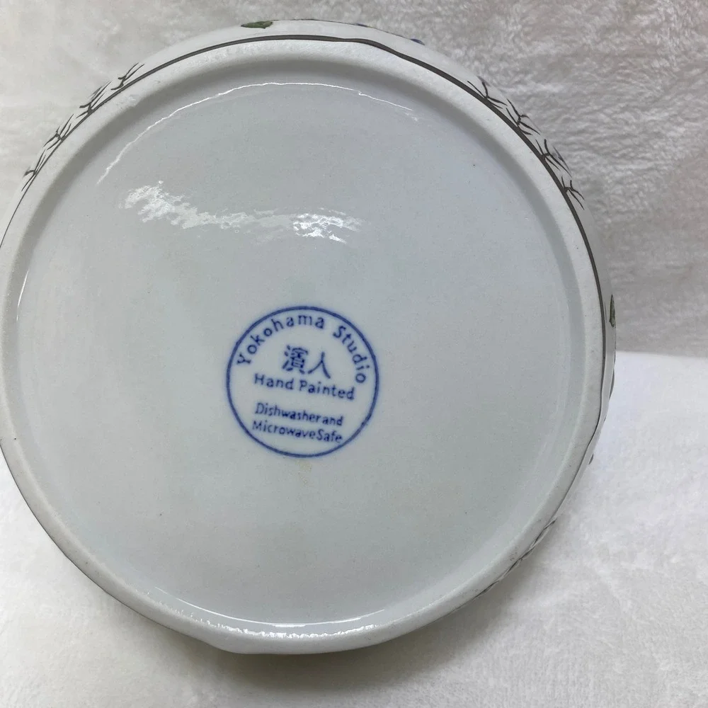 Yokohama Studio Hand Painted Ceramic Owl Food Storage Bowl Vented Lid White Blue